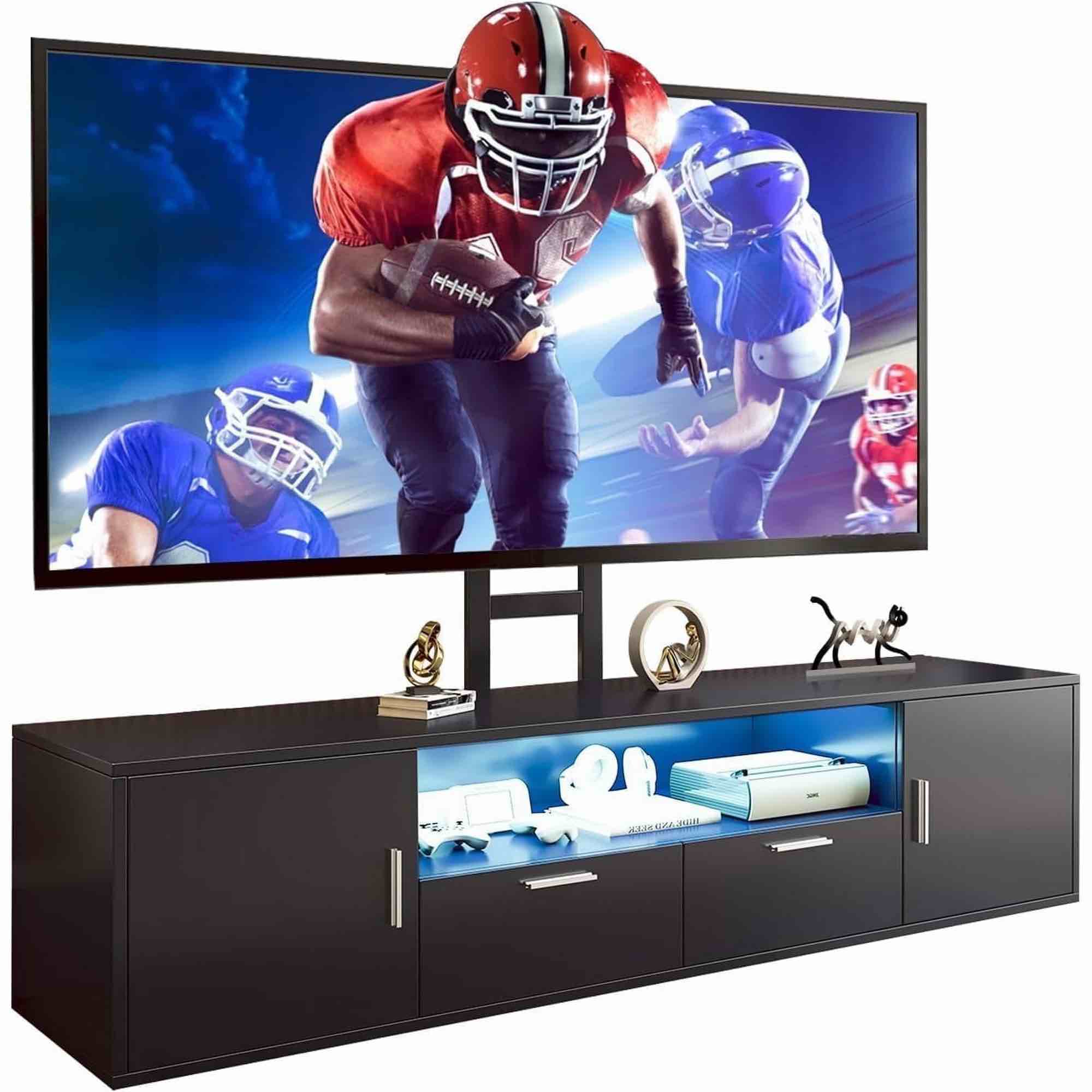 COMHOMA 63“ TV Stand with Mount with 2 Drawers and LED Lighting, for TVs up to 70", Black