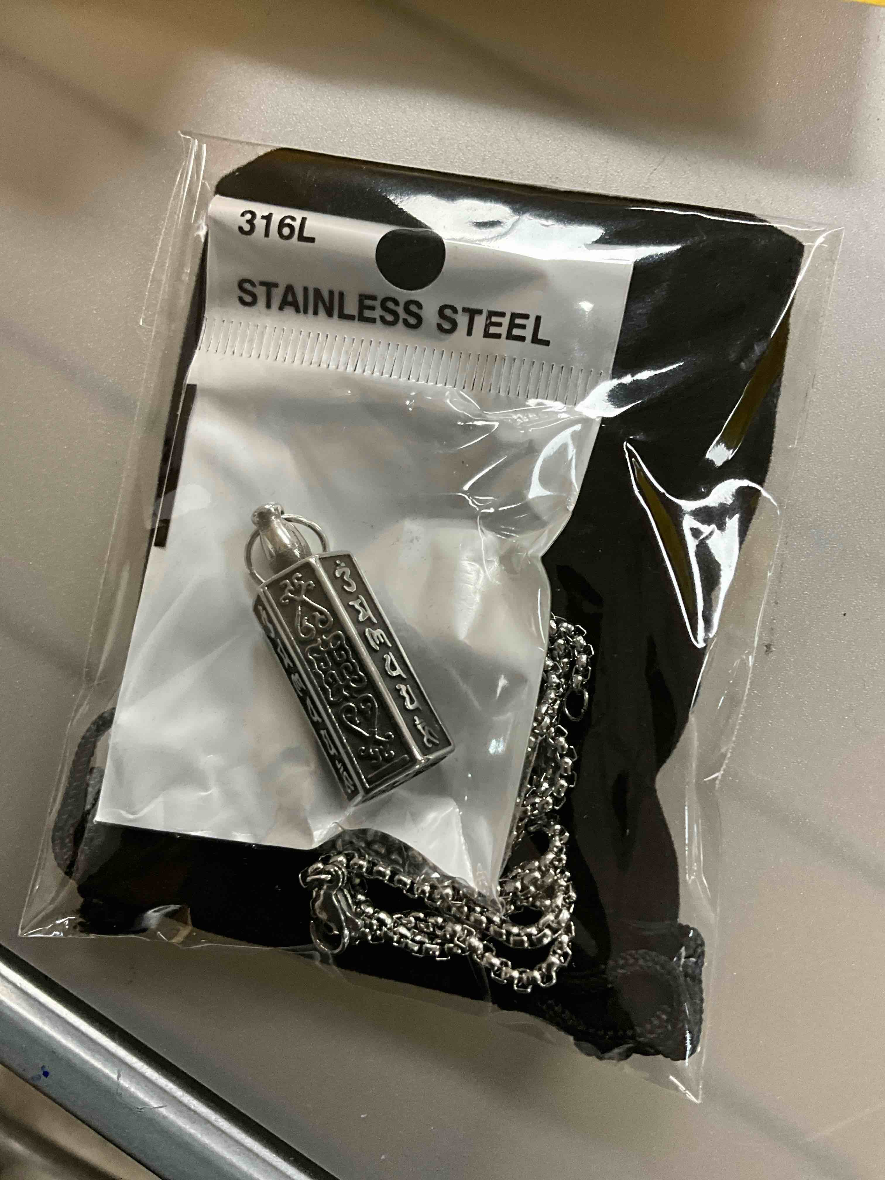 Tibetan Buddhism Meditation Stainless Steel Pendant Commemorative Cremation Ashes Pill Cylinder Container Necklace 22+2 Inch Chain (Hexagon)