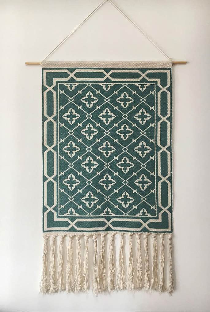Macrame Woven Wall Tapestry Hanging Art 20x34 Extra Large Boho Chic Bohemian Morocco Dark Green Geom