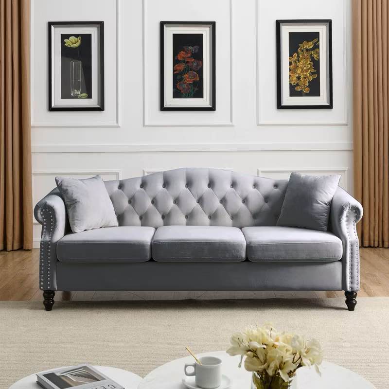 Gray velvet Chesterfield Sofa for living room