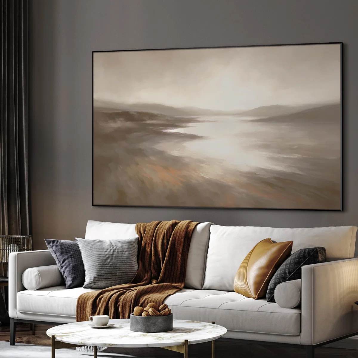 extra large framed wall art misty coastal landscape with soft reflection