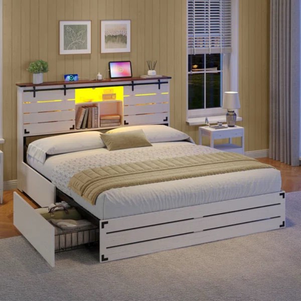 farmhouse platform storage bed with bookcase headboard and built in