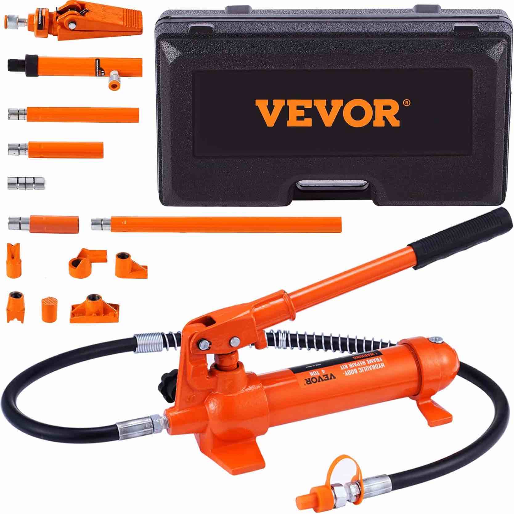 vevor 4 ton porta power kit, portable hydraulic jack with 3.9 ft/1.2 m oil hose, auto body frame repair kit with storage case for car repair, truck, farm (8800 lbs)