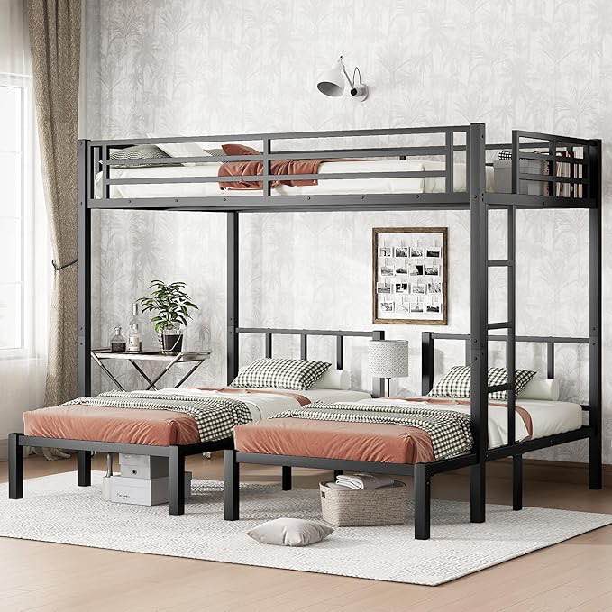 KEIKI Heavy Duty Triple Bunk Bed, Twin Over Twin & Queen with Guardrails and Ladder, Metal Bunk