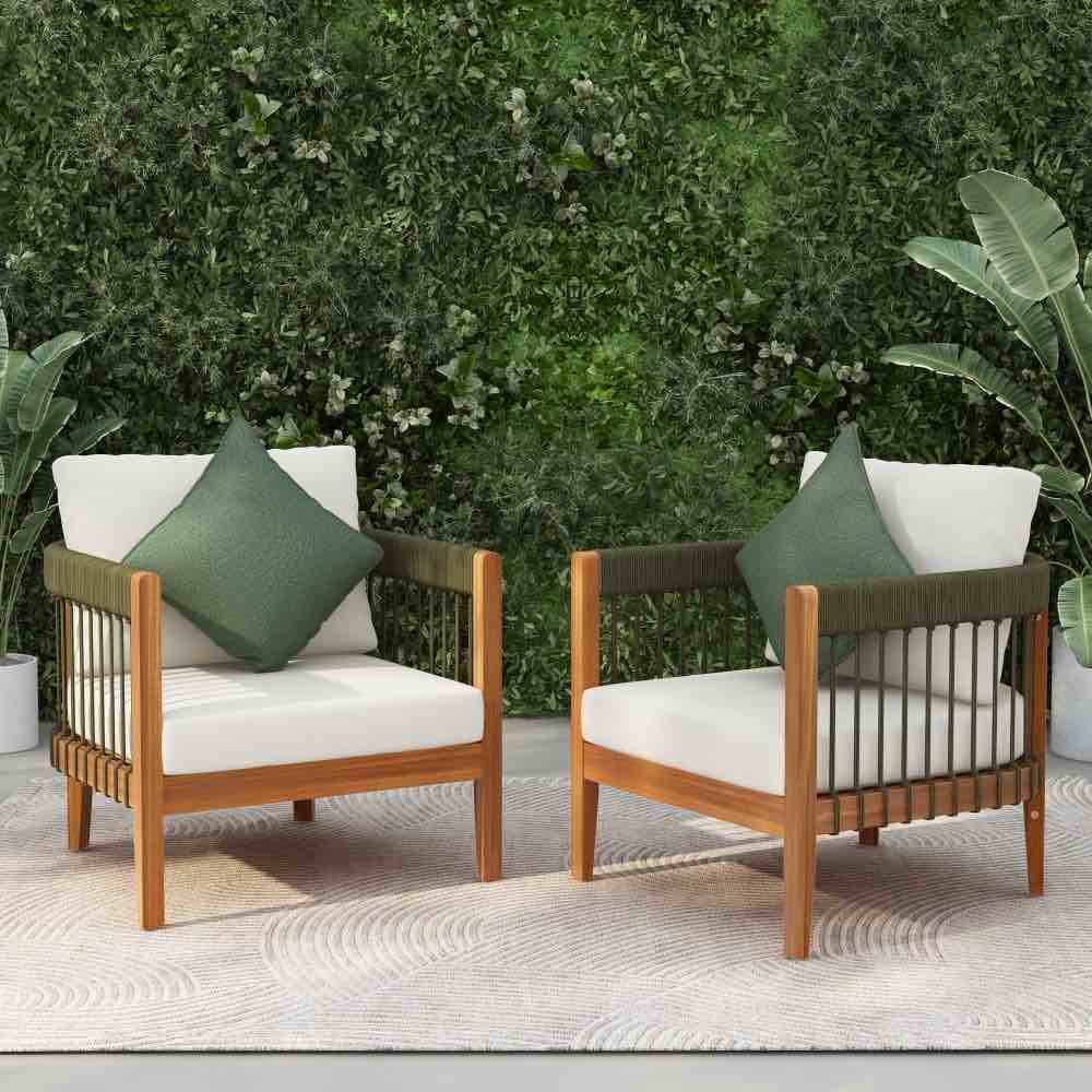 Acacia Wood Outdoor Club Chair with Handwoven Rope Accents & Curved Backrest - Water-Resistant Boho Patio Lounge Chair with Removable Cushions for Porch, Garden