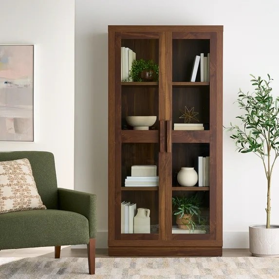 better homes & gardens ezra glass door storage accent cabinet, warm walnut finish