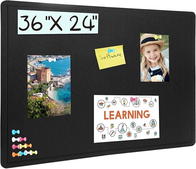 Bulletin Board, 36 X 24 inches Cork Board with 20 Pushpin, Felt Cork Board Notice Pin Board, Self-Adhesive Vision Board Mood Board Foldable Photo Board for Wall - Black