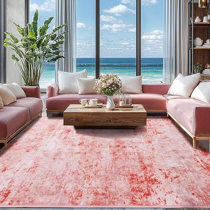 Big Area Rug for Living Room, Large Non-Slip Backing, Abstract Rug, Soft Low Pile Area Rug for Bedroom Under Bed,Dining Room, Big Carpet (Pink)