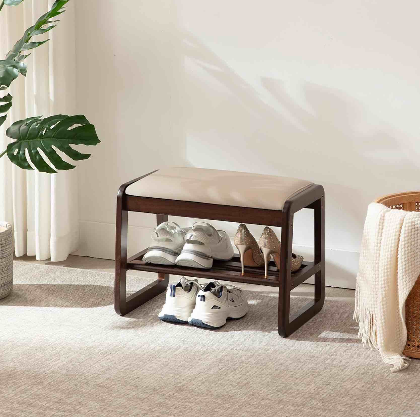 small shoe rack bench,2 tier wooden entryway bench with shoe storage, shoe rack with cushion for living room, hallway(pu beige, 21.6") pu-beige 11.8"d x 21.6"w x 16.5"h