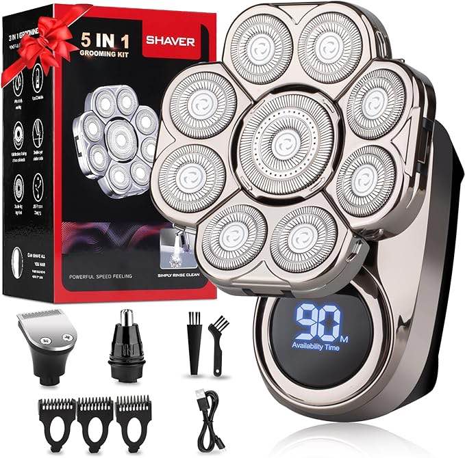 9d head shavers for bald men, electric razor for men to shave fast with led display, cordless rechargeable, ipx7 waterproof wet/dry rotary shaver kit with nose hair trimmer shaver, gift for mens