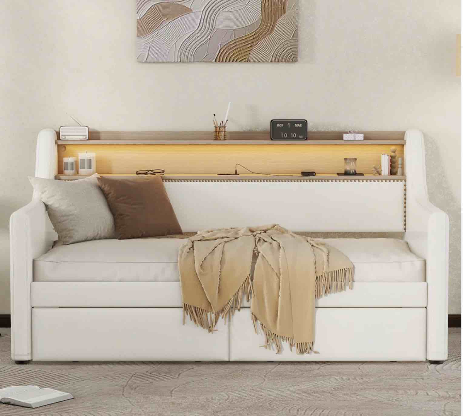 TWIN SIZE DAYBED WITH DRAWERS, UPHOLSTERED DAYBED WITH CHARGING STATION AND LED LIGHTS, WHITE