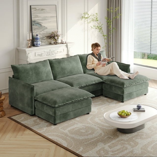 Corduroy Fabric 3-Seater Comfy Couch with 2 Movable Footrest for Living Room