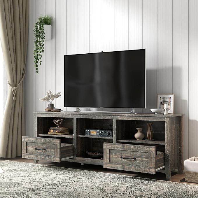 TV Stand for 60/65/70/75/80 TVs, Large Television Stands with 2 Drawers Rustic TV Console Table with Adjustable Shelves