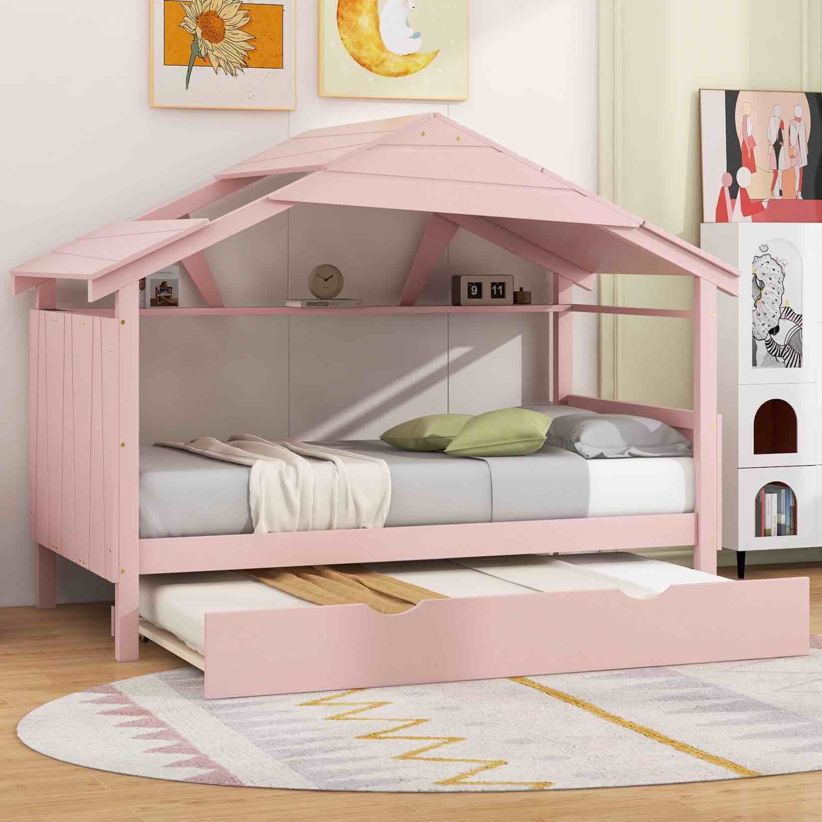 Twin Size House Bed With 2 wings And Trundle Pink And White WF315903AAH