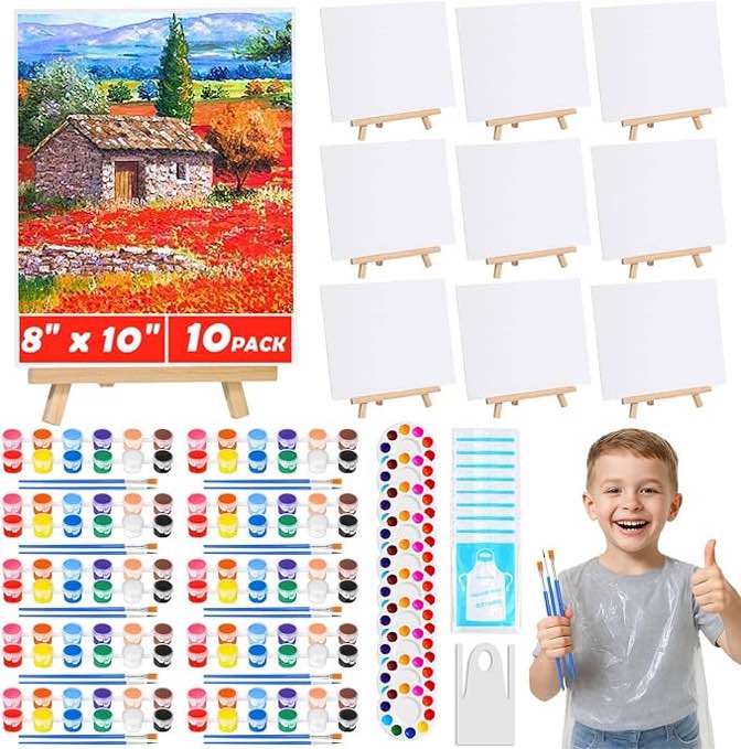 10Pack 8x10 Inch Canvas and Easel Set Art Canvas Boards Bulk with Easel Stand Mini Acrylic Paint & B