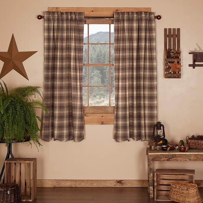 VHC Brands Woodland Brown Rustic Curtains Dawson Star Rod Pocket Cotton Tie Back(s) Plaid Panel Pair