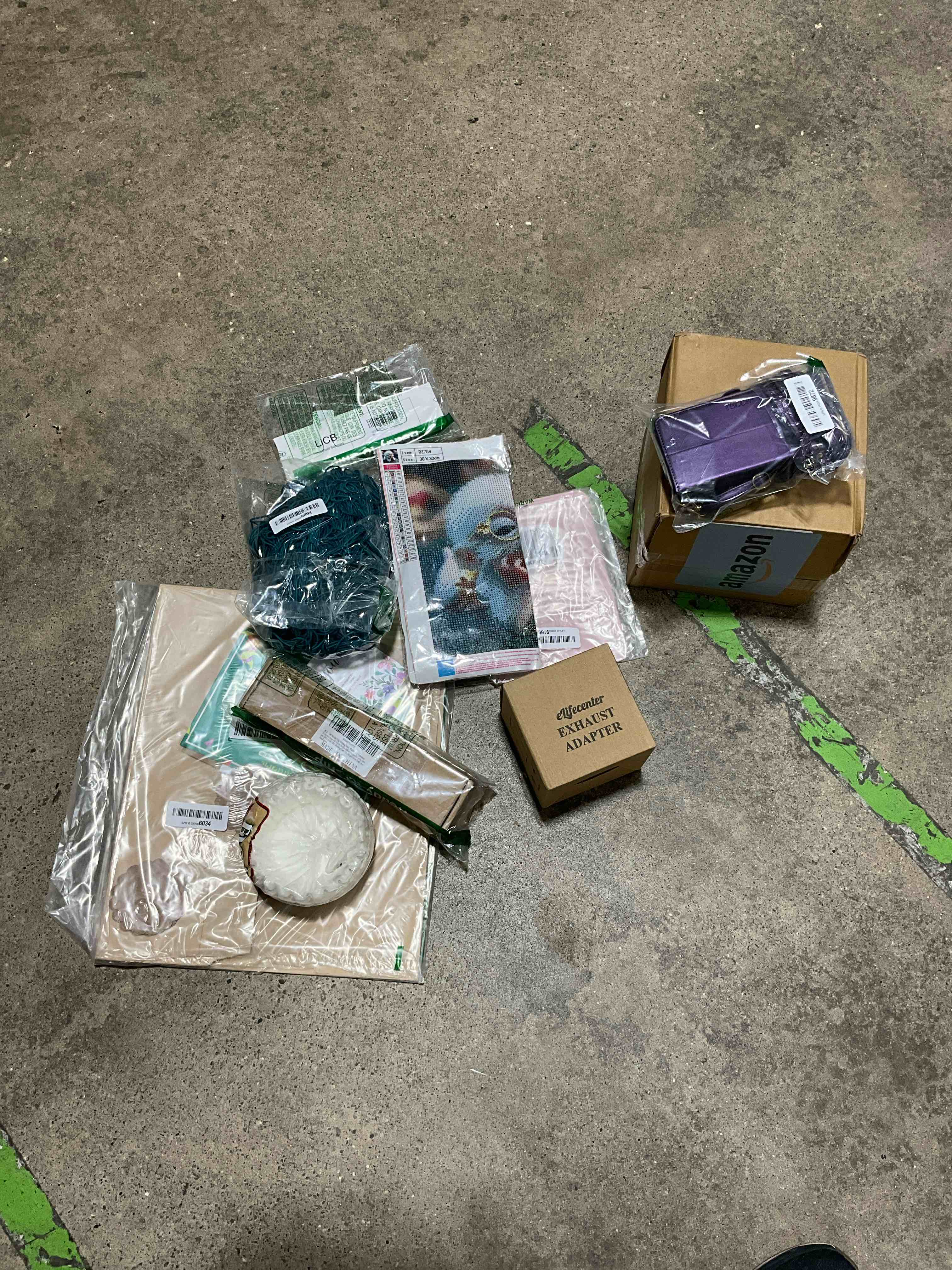 Assorted: Coffee Filters, Kraft Gift Boxes, Yarn, Purple Wallet 