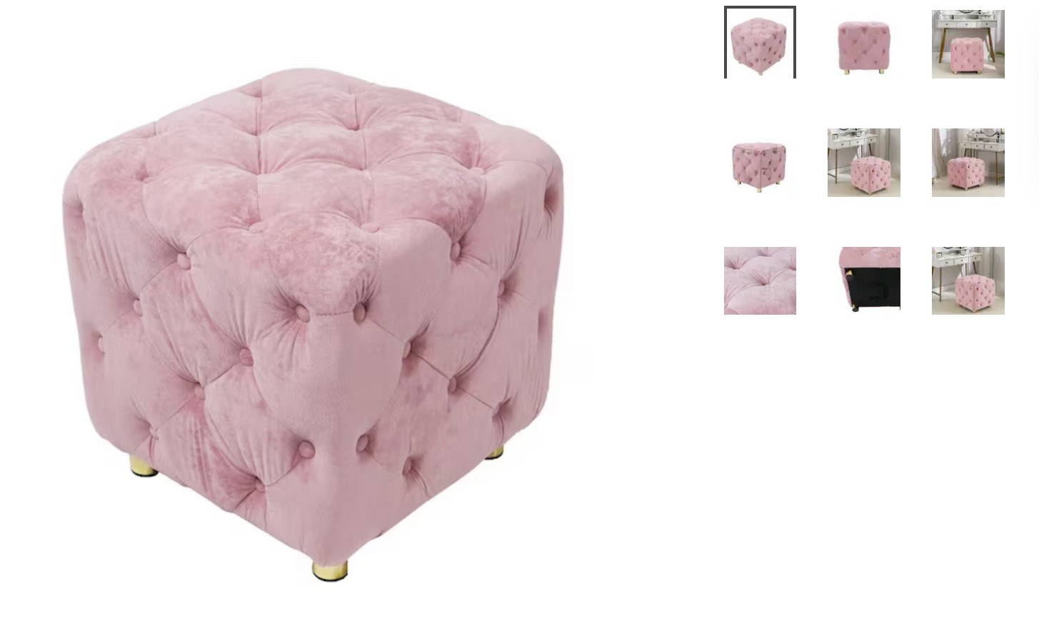 Modern Pink Velvet Upholstered Square 18.1 in. Tufted Button Exquisite Ottoman Soft Foot Stool Dressing Makeup Chair