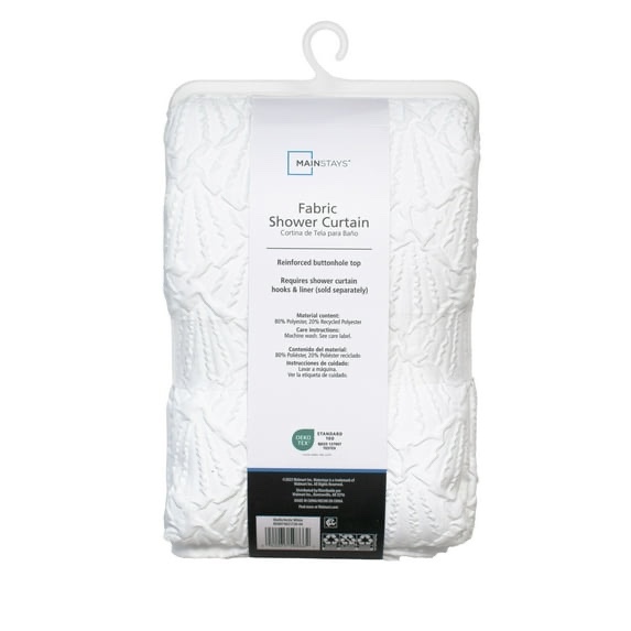 mainstays white shell shower curtain, white, polyester, recycled poly, 72" w x 72" l, 1 piece