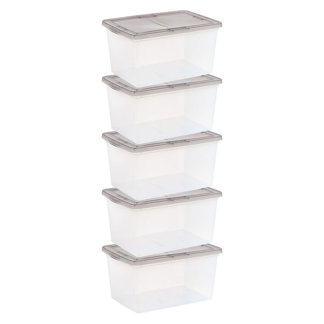 iris usa 58-quart snap top plastic storage box, clear with gray lid, set of 5