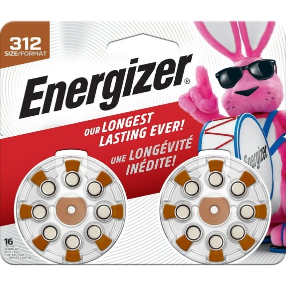 energizer hearing aid batteries size 312, brown tab, 15 pack