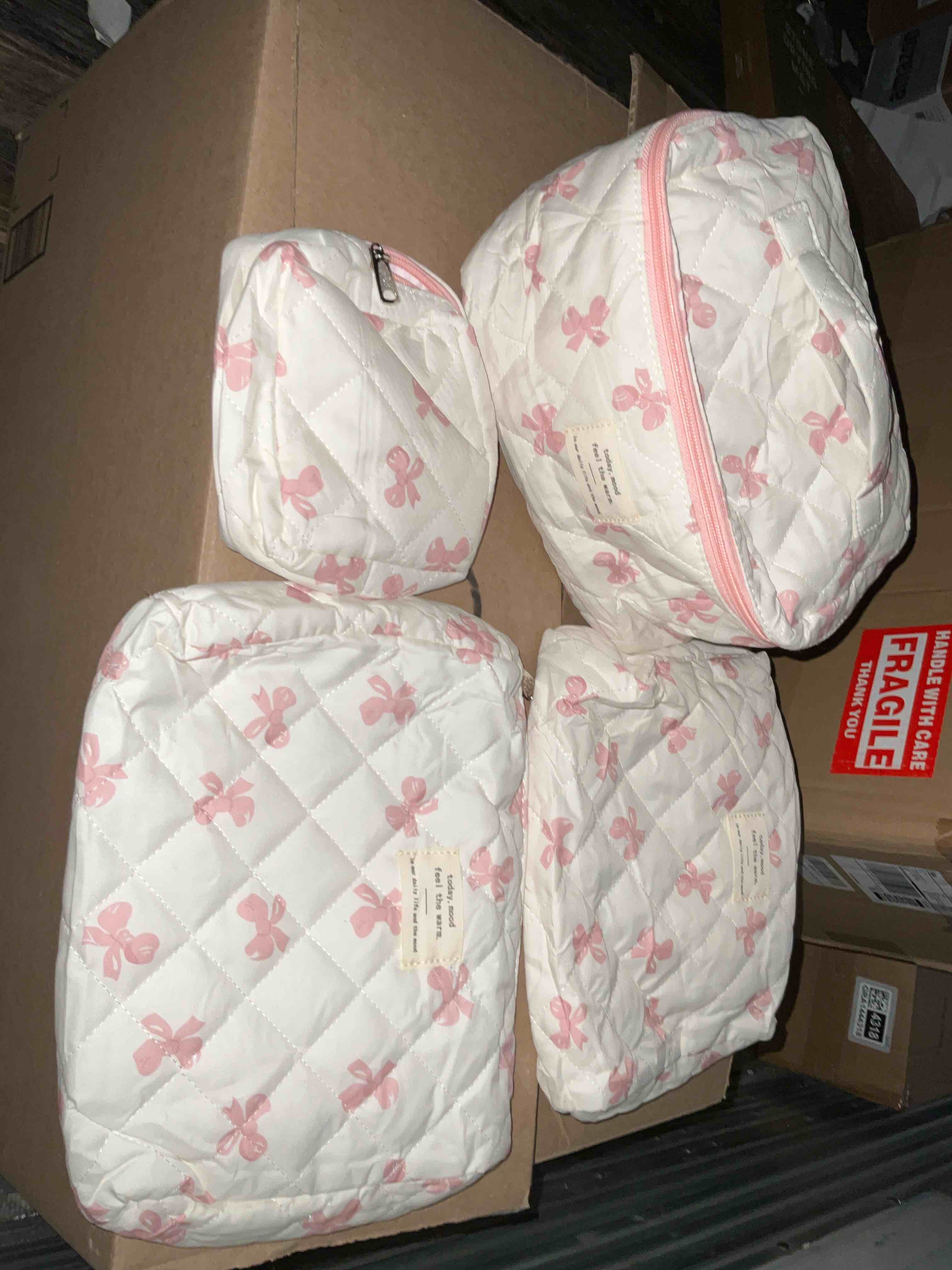 4pc Bow Makeup Bags Set For Women White/Pink