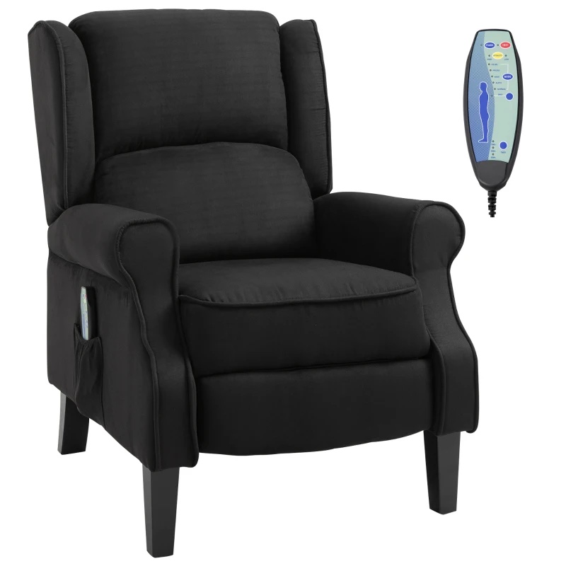 homcom vibration massage recliner chair for living room with heat, wingback single sofa, modern suede fabric push back reclining chair with footrest, side pocket, black