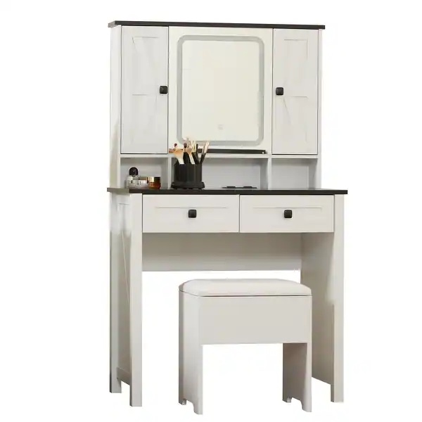 Farmhouse 32"' Makeup Vanity Desk with lighted Mirror, Charging Station, Drawers & Shelves, Stool Included