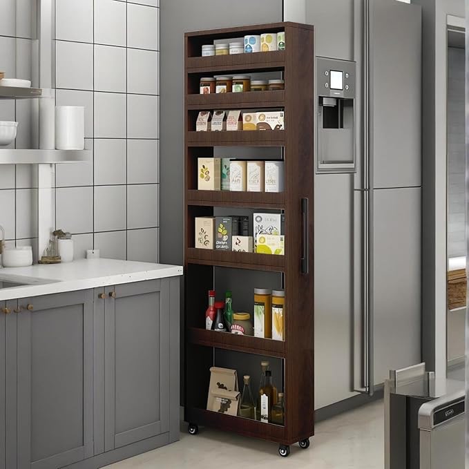 7 Tier Standing-Shelf with Wheels, Wooden Slim Storage Cart, Various Sizes and Colors,, Scratch-Resistant and Wear-Resistant