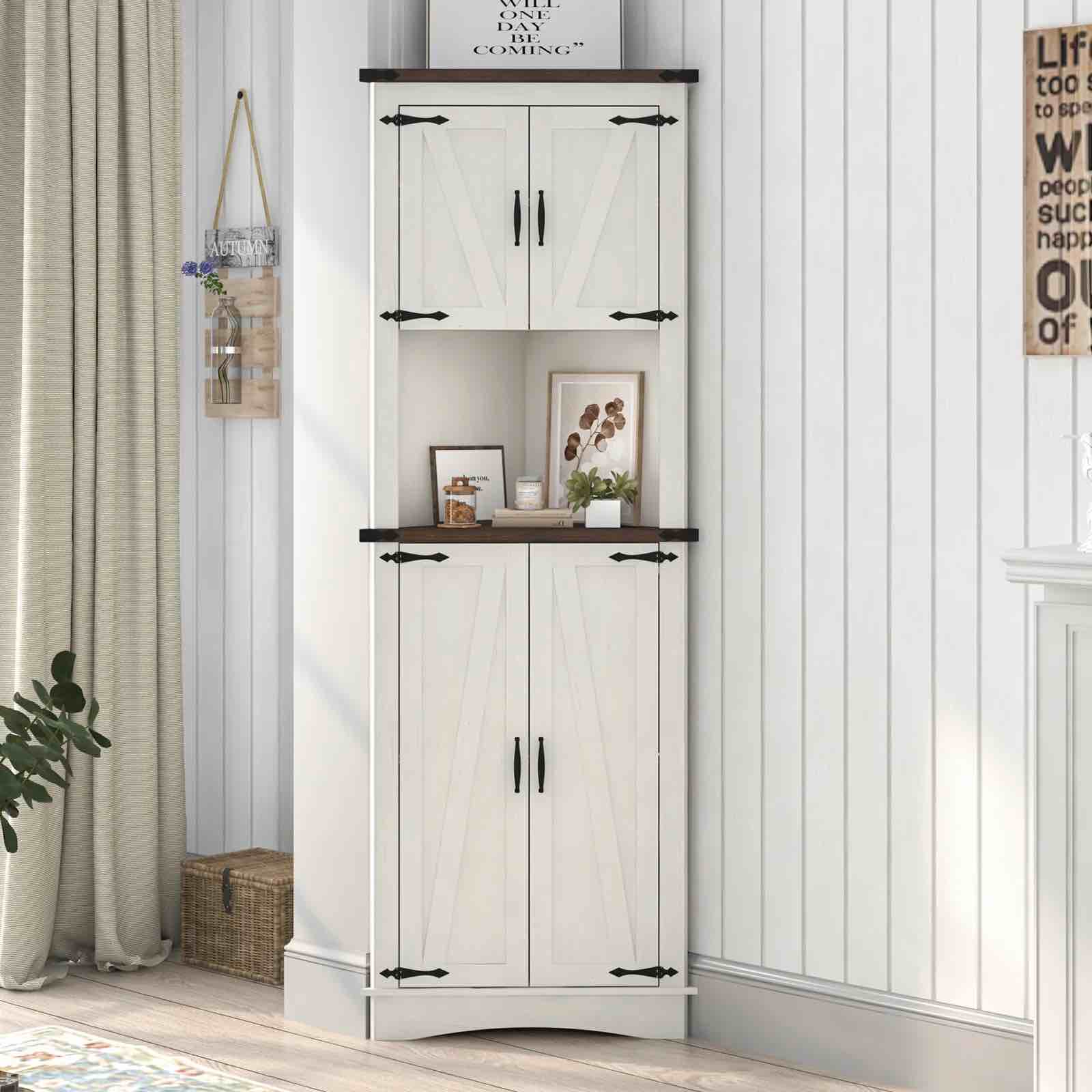 Farmhouse 68" Tall Corner Cabinet w/4 Barn Doors, 5 Tier Bookcase Storage Cabinet with Adjustable Shelves, Corner Storage Cabinet for Bathroom,Living Room,Kitchen