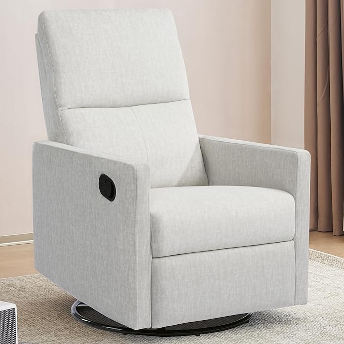 swivel rocking recliner chair for adults, rocker nursery glider chair for living room bedroom, upholstered fabric reclining single sofa chair(beige)