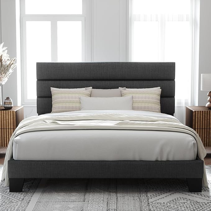 allewie king bed frame platform bed with fabric upholstered headboard and wooden slats support, fully upholstered mattress