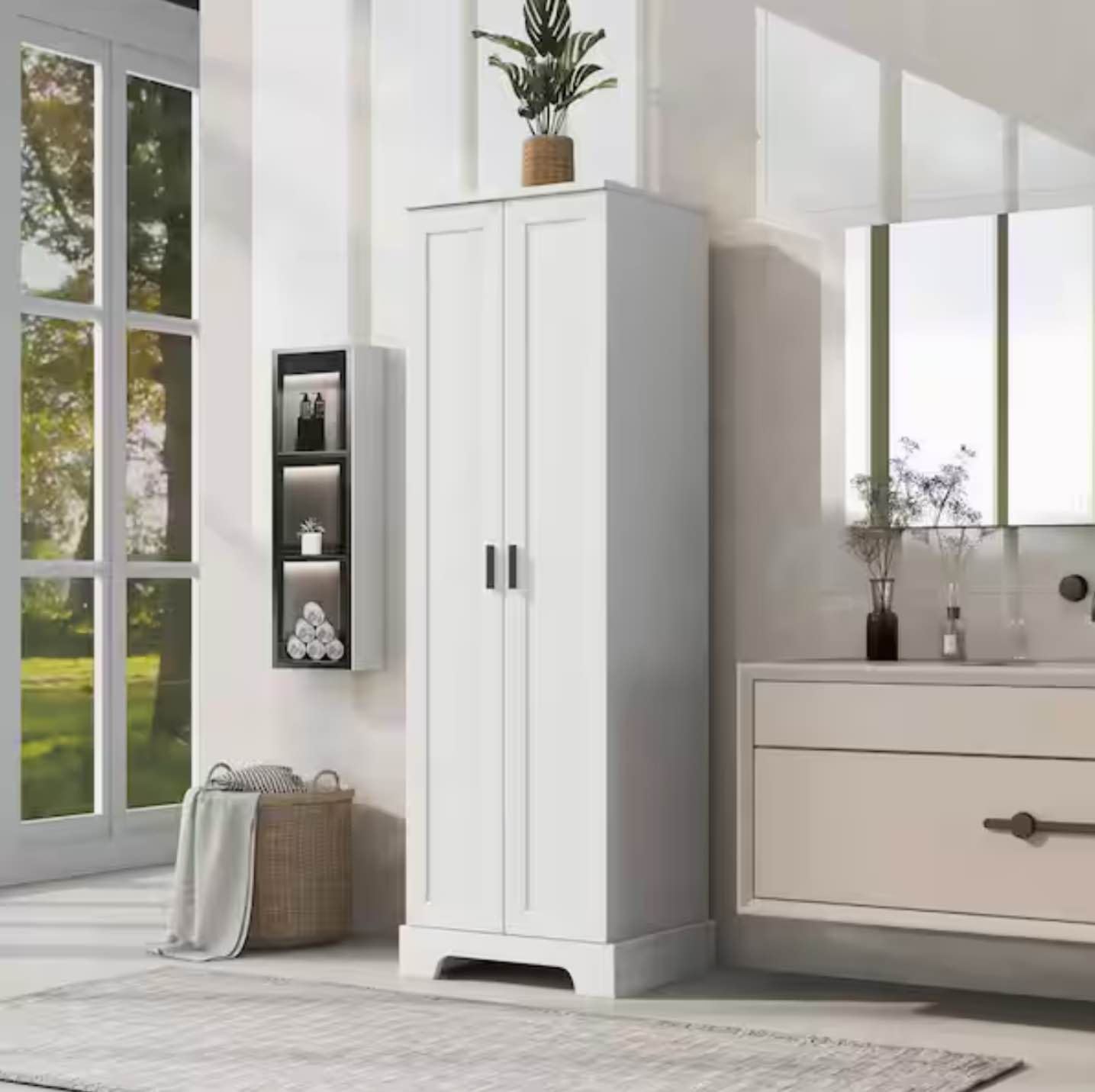 MDF Board Freestanding Linen Cabinet with Adjustable Shelves in White WF314917AAK