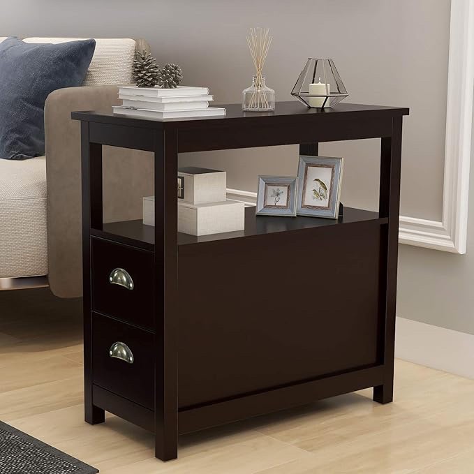 end table sofa side table with 2 drawers and 1 open storage shelf for living room, narrow nightstand for bedroom, brown