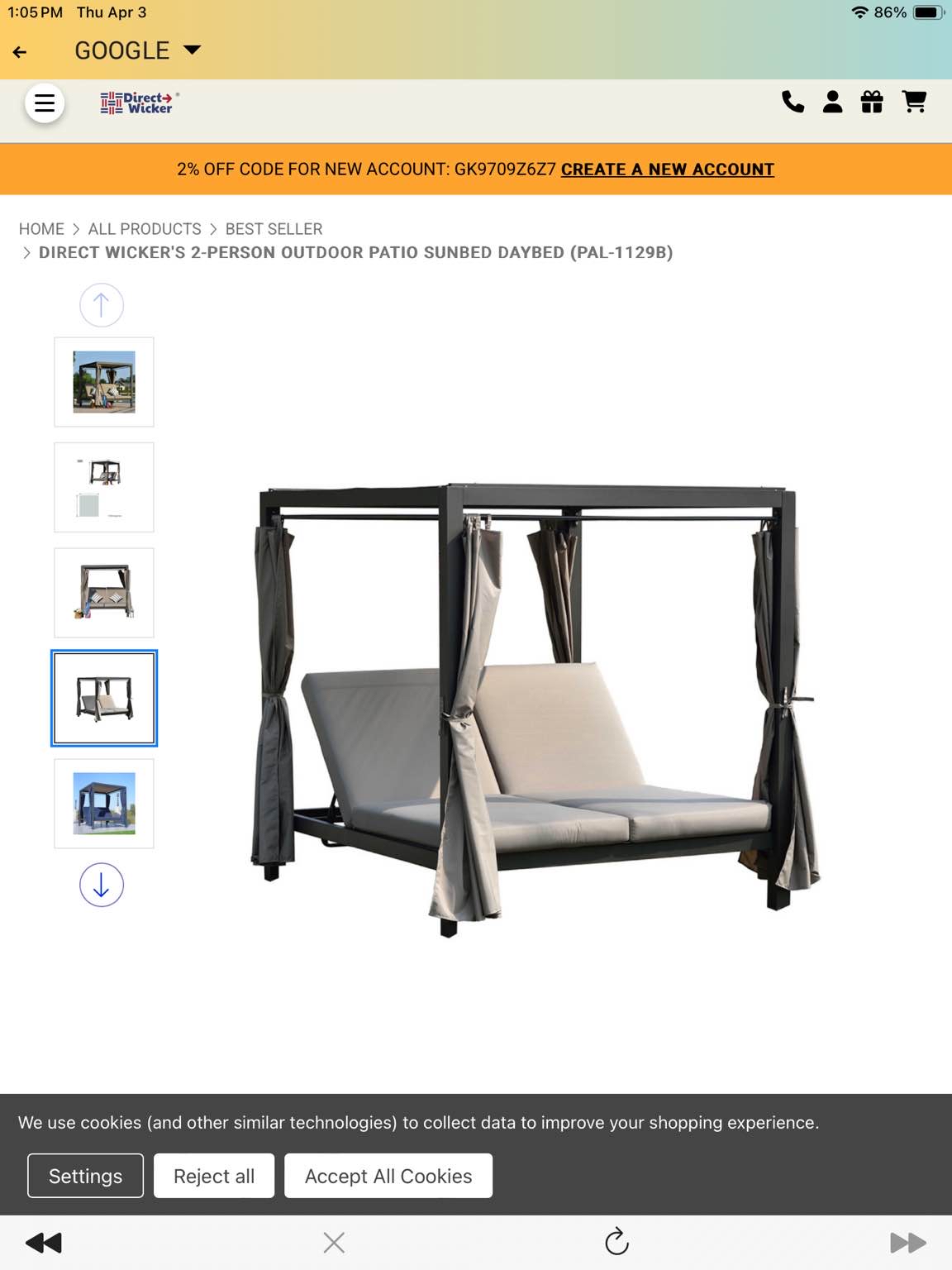 **INCOMPLETE ** (2 of 2 missing box 1)DIRECT WICKER'S 2-PERSON OUTDOOR PATIO SUNBED DAYBED (PAL-1129B)