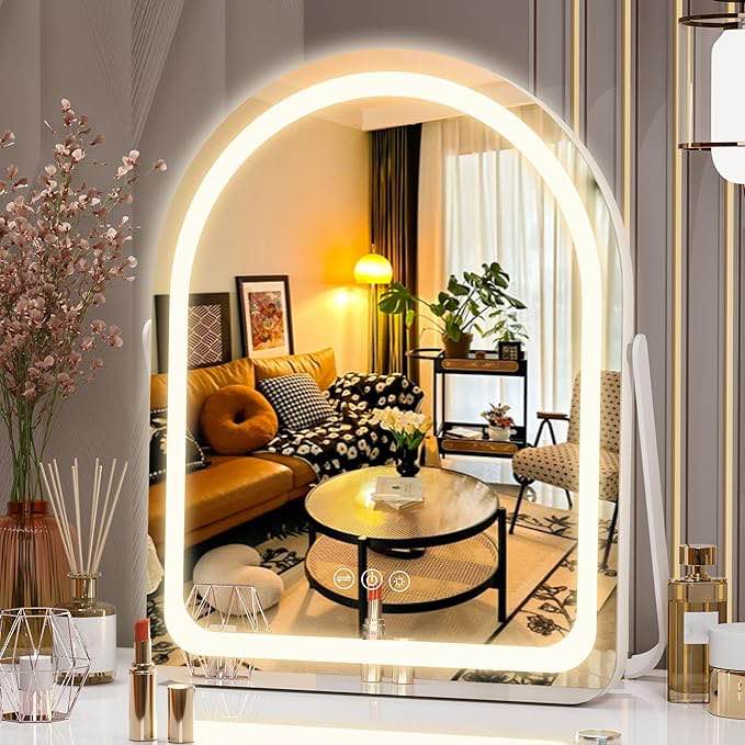 Hasipu Vanity Mirror with Lights, 26"× 30" Arched LED Makeup Mirror, Lighted Makeup Mirror with Lights, Smart Touch Control Dimmable 3 Modes Light 360°Rotation White