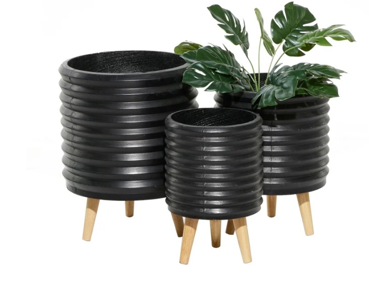 two textured planters with wooden stands (small chips)