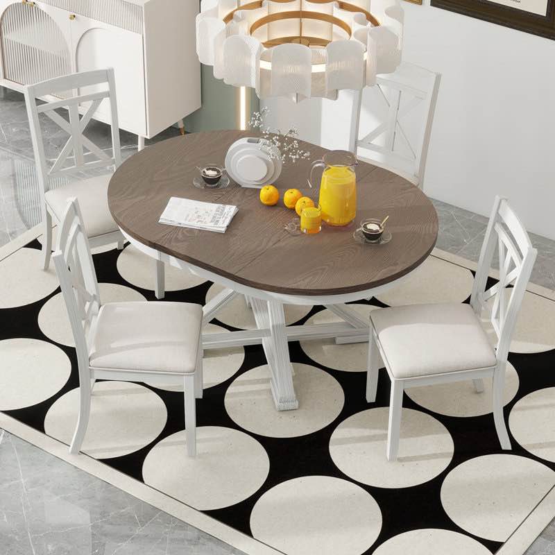 5-Piece Retro Functional Dining Table Set Extendable Round Table And 4 Upholstered Chairs For Dining Room And Living Room