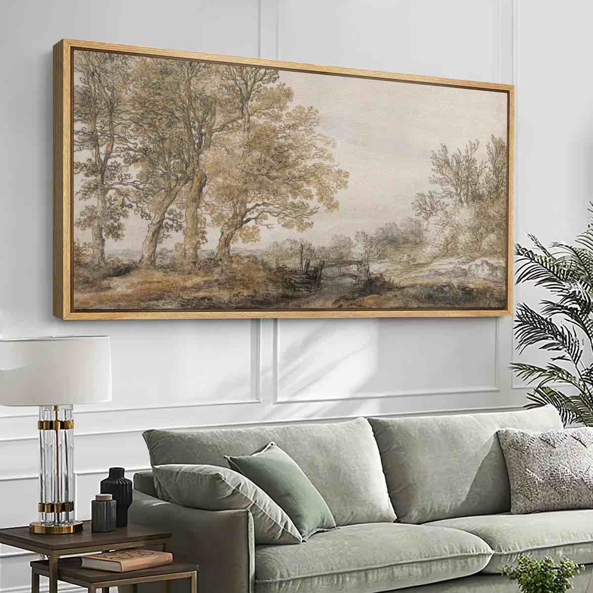Rustic Countryside Classical Forest Sketch Vintage Style Tree Framed On Canvas Print Frame Color: Natural, Size: 30" H x 60" W