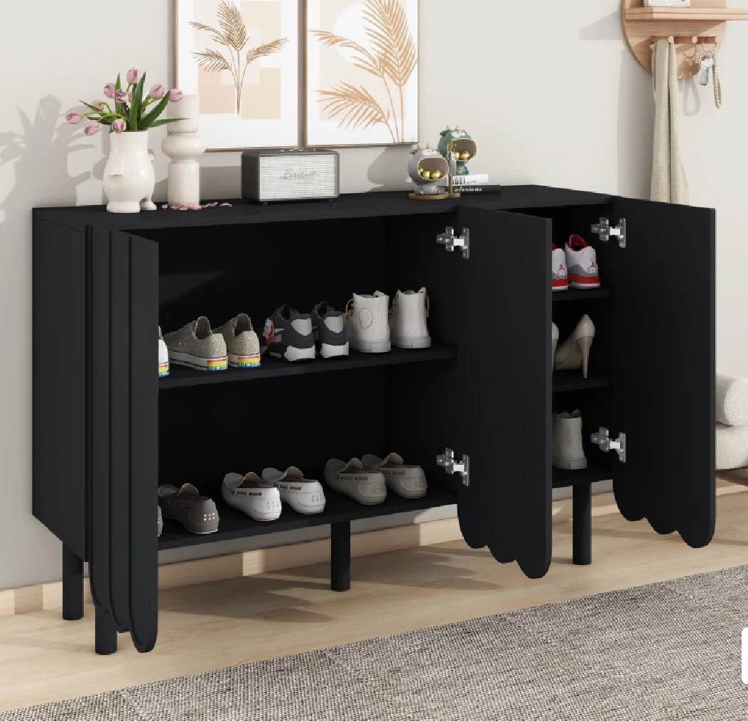 Minimalist Storage Shoe Cabinet with Adjustable Shelves, Solid Wood Legs, and Wave Doors, 47" L x 13.5" W x 31.5" H, Black