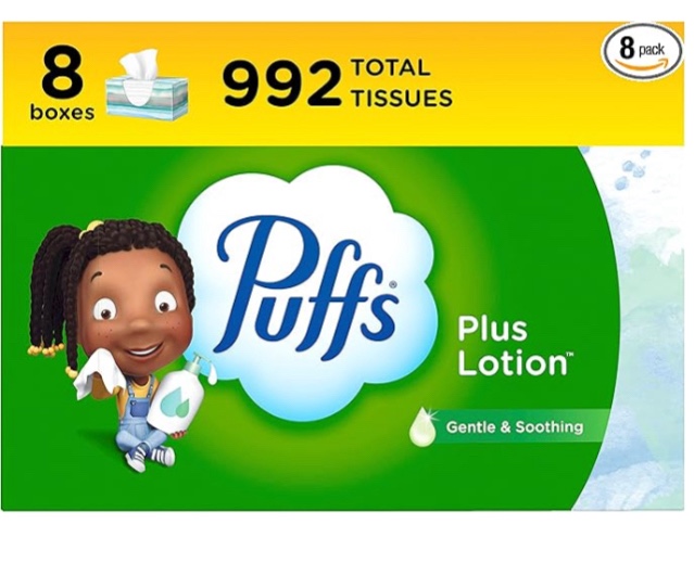Puffs Plus Lotion Facial Tissues, 8 Family Boxes, 124 Facial Tissues per Box, Allergies and Colds
