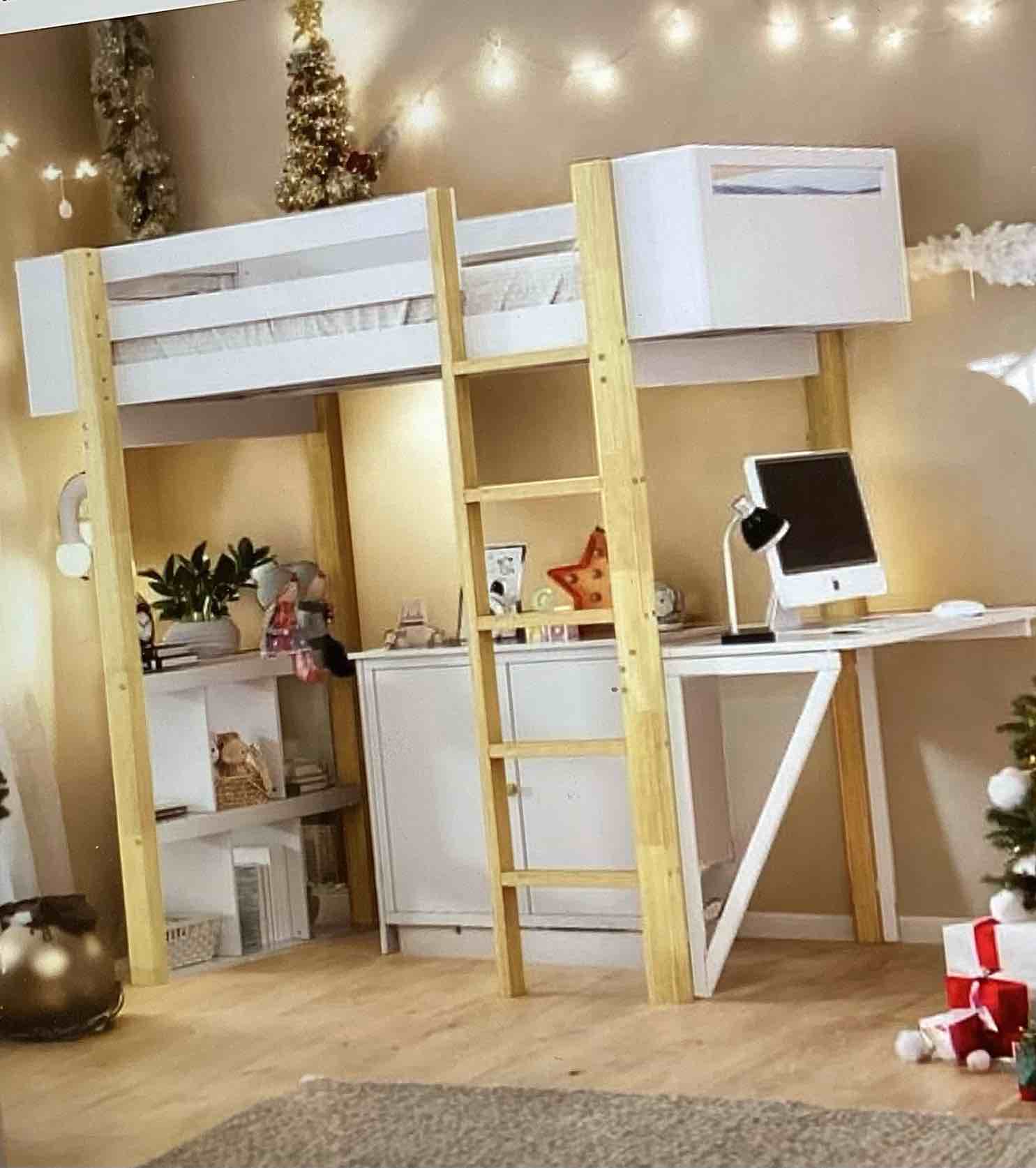 (incomplet)twin size wood loft bed with built -in storage cabinet and cubes foldable desk