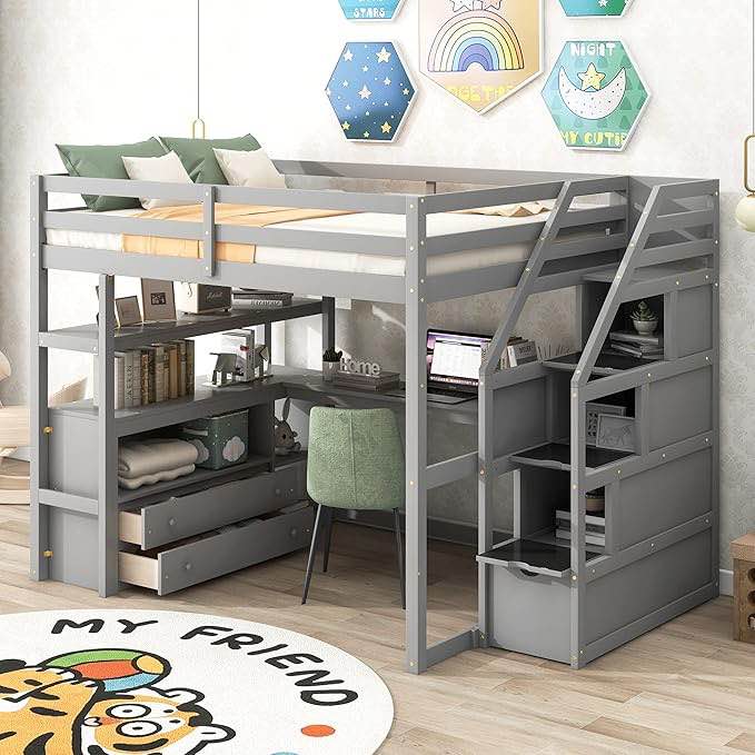 full loft bed with desk and stair gray