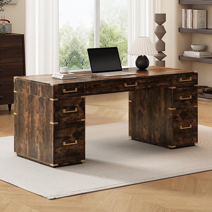 Quarte 70" Executive Desk with Metal Edge Trim, 2 File Drawers,USB Ports and Outlets,Classic Writing Desk with Hidden Compartment for Living Room,Home Office,Study Room (Brown+Gold)