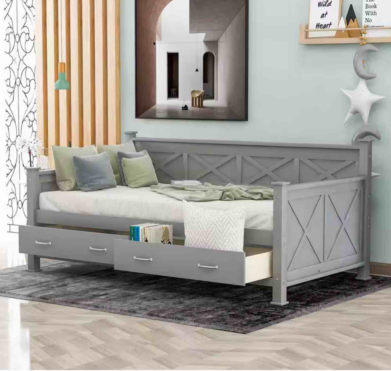 TWIN DAY BED WITH 2 DRAWERS - GRAY