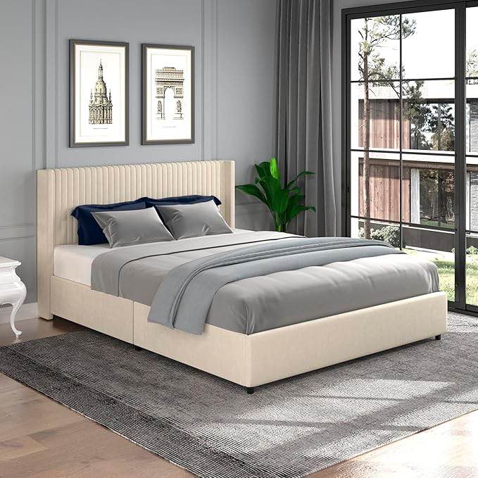 QUEEN BED VELVET VERTICAL MOTIFS -BEIGE (incomplet 1 box of 2)