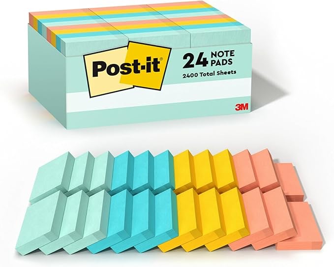 Post-it Notes, 1 3/8 in x 1 7/8 in, 24 Pads, America's #1 Favorite Sticky Notes, Beachside Café Collection, Pastel Colors, Clean Removal, Recyclable (654-14AU)