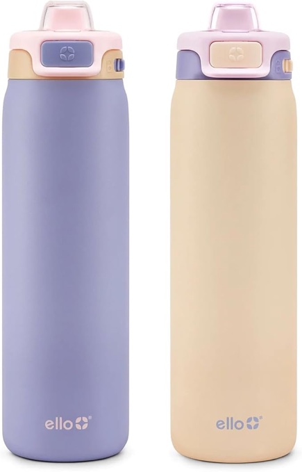 Ello Flip to Fill, Pop to Drink Stainless Steel Water Bottle with Leak-Proof Locking Lid, 22 oz – Reusable Insulated Travel Bottle color cornflower & blush breeze