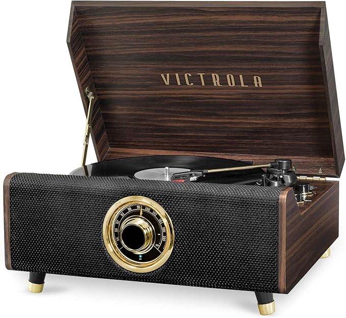 Victrola Highland 4-in-1 Bluetooth Record Player (Espresso), 3-Speed Record Player with Speakers, FM Radio & 3.5mm Aux, Wireless Music Streaming