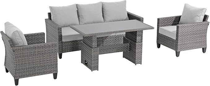SUNSITT Outdoor Patio Furniture Wicker 3 Seat Sofa Couch Grey Wicker & Light Grey Cushion